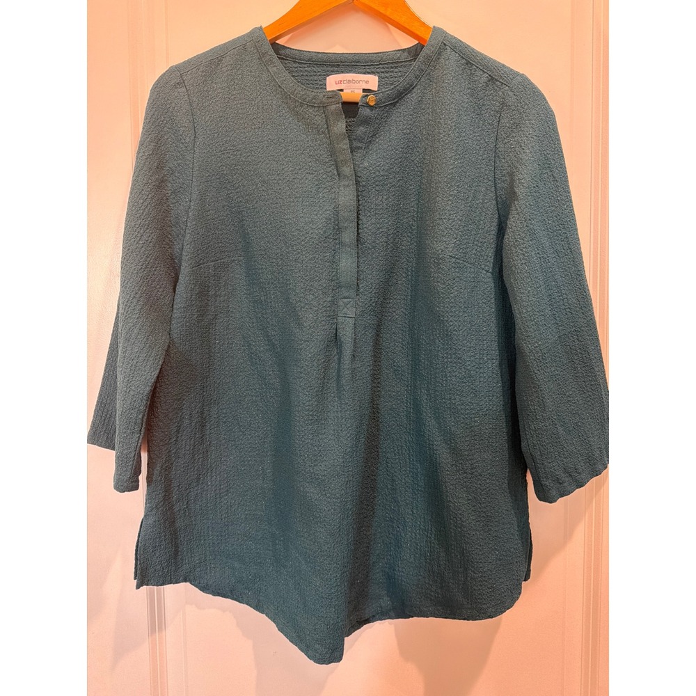 Liz Claiborne Womens Petite PS Teal Sparkle Textured 3/4 Sleeve Blouse Top
